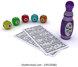 3D Render Of A Bingo Balls And Card With Dabber Pen