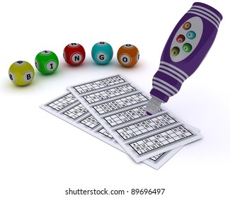 3D Render Of A Bingo Balls And Card With Dabber Pen