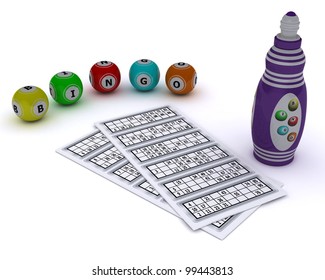 3D Render Of A Bingo Balls And Card With Dabber Pen