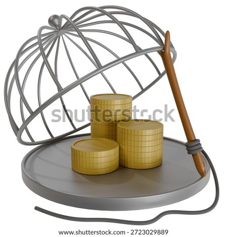 3D render of a birdcage trap propped by a stick with gold coins inside. Conceptual illustration of a financial trap, crypto scam, and investment risk