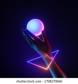 3d render black artificial hand wear geometric bracelet, hold white iridescent ball. Neon light triangle. Human mannequin body part isolated on black background. Modern minimal fashion concept