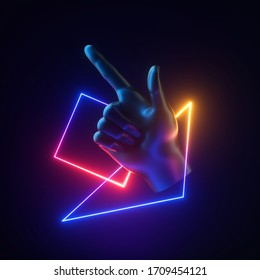 3d render black artificial hand, neon geometric objects levitating. Pointing finger gesture. Human mannequin body part isolated on dark background. Abstract contemporary art. Modern minimal concept