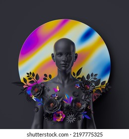3d Render, Black Bald Woman Portrait, Female Mannequin Decorated With Paper Flowers, Round Geometric Shape With Colorful Holographic Foil Texture. Modern Fashion Concept
