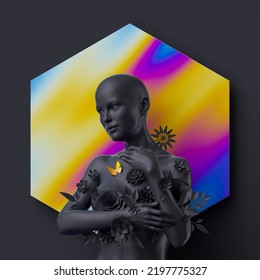 3d Render, Black Bald Woman Mannequin Decorated With Paper Flowers, Hexagonal Geometric Shape With Colorful Holographic Foil Texture. Trendy Fashion Concept