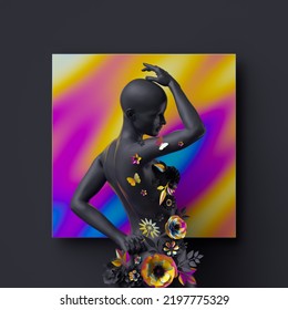 3d Render, Black Bald Woman Body Decorated Decorated With Paper Flowers. Female Mannequin, Square Geometric Shape With Colorful Holographic Foil Texture. Modern Fashion Concept