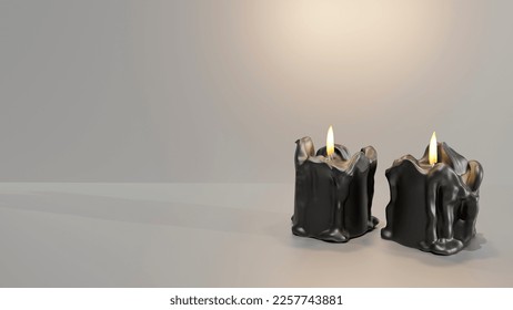 3D render of black burning candles on a white background. Empty space for text. Background for Christmas and Halloween designs. Old candles burn on a light background. Day of Remembrance of the Dead.