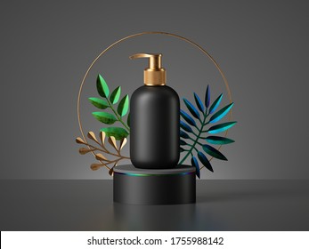 3d Render. Black Cosmetic Bottle With Golden Cap Dispenser Pump, Tropical Leaves. Container For Liquid Soap. Beauty Product For Men Advertisement. Commercial Banner Template. Showcase Mockup