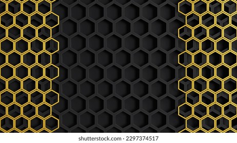 3d render black dark and gold hexagon abstract background