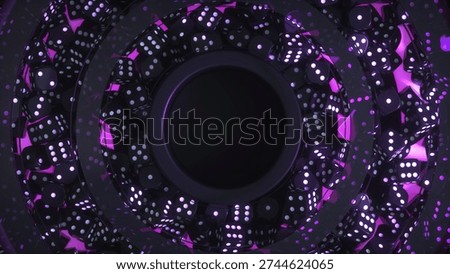 3D render of black dice illuminated by vibrant purple neon light arranged in a circular composition with dark center copy space.