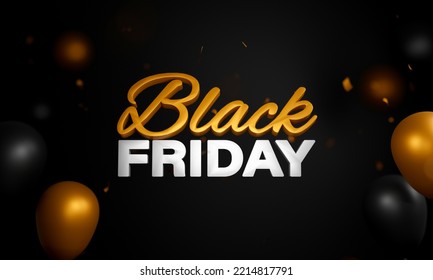 3D Render Of Black Friday Font With Glossy Balloons And Golden Confetti Decorated Background. Advertising Banner Design. - Powered by Shutterstock