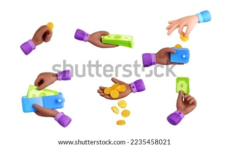 3d render black hand with money isolated icons set. Concept of payment, savings, transaction with african businessman palms holding wallet, coins and bills. Illustration in cartoon. 3D Illustration