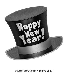 3D render of a black Happy New Year top hat with shiny metallic flakes style surface - isolated on white background