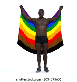 3D Render : A Black Man Who Is Gay Holding The Pride Rainbow Flag With His Hands Support LGBT