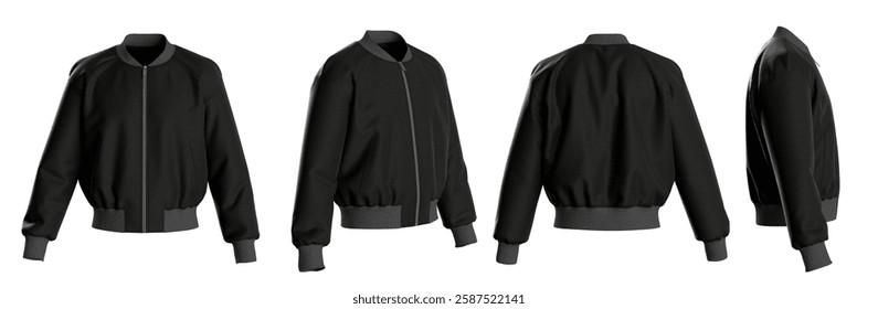 3D Render Black Nylon Leather Bomber Jacket Mockup, Men's Outerwear. 3D Illustration