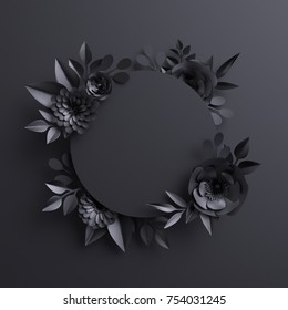 3d Render, Black Paper Flowers, Botanical Background, Blank Round Banner, Floral Card, Gothic Frame