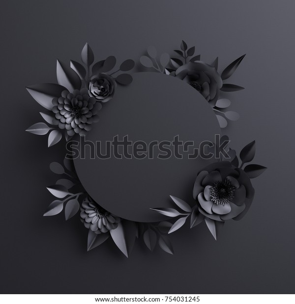 3dレンダリング 黒い紙の花 植物の背景 空の丸いバナー 花柄カード ゴシック体のフレーム のイラスト素材