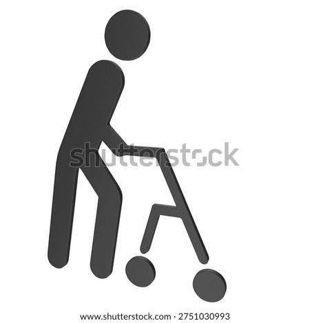 3D render of a black plastic accessibility symbol showing a person with a walker isolated on white background. ISO 7001 public information sign for limited walking capability.