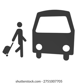 3D render of a black plastic bus embarkation symbol with a passenger and luggage isolated on white background. ISO 7001 public information sign for bus departure or boarding point.