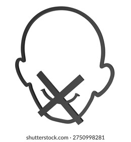 3D render of a black plastic do not smile symbol with a cross over the mouth isolated on white background. ISO 7001 public information sign for neutral expression requirement.
