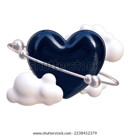 3d render of black plastic glossy heart surrounded by cartoon clouds and orbits