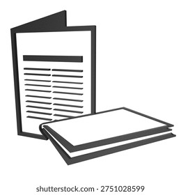 3D render of a black plastic news stand symbol with newspapers or magazines isolated on white background. ISO 7001 public information sign for news kiosk or newsagent.