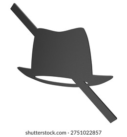 3D render of a black plastic no headwear symbol with a diagonal line through a hat isolated on white background. ISO 7001 public information sign for removing hats or headgear.