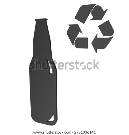 3D render of a black plastic recycling glass symbol with a bottle and recycle arrows isolated on white background. ISO 7001 public information sign for glass recycling collection point.