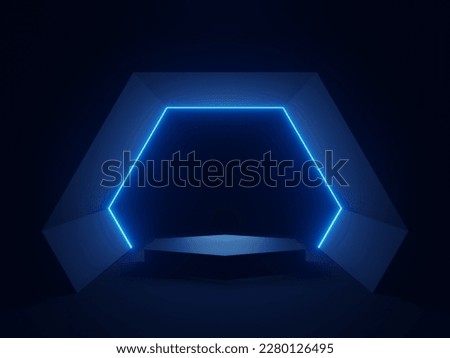 3D render black podium with blue neon lights