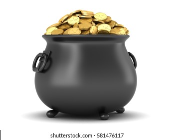 3d Render Of Black Pot Full Of Gold Coins