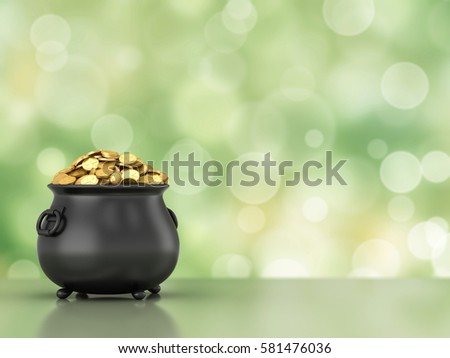 3d render of black pot full of gold coins