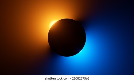 3d Render, Black Round Shape Silhouette Illuminated With Yellow Blue Neon Light. Eclipse Metaphor, Abstract Shine Concept