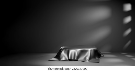 3d render black satin hide the podium with surprise or gift. Glitter glossy cloth reveals pedestal in dark space. Advertising banner background with blank wall for text.