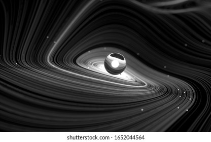 3d render of black and white abstract art of surreal 3d composition with glass 3d ball in the centre with white curve wavy lines behind with small light particles around, with depth of field effect