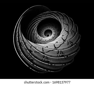 3d render of black and white abstract art with surreal mechanical industrial spiral based on curved matte aluminium parts with organic curve wavy glossy pattern parts on surface on black background