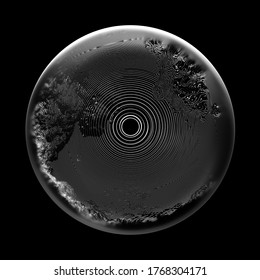 3d render of black and white abstract art of surreal 3d glass ball planet with blur effect on the edges with scratches and damages on surface with round circles parallel lines pattern in the dark