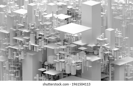 3d Render Of Black And White Monochrome Abstract Of Surreal 3d Background Based On Small And Big Boxes Blocks Or Cubes Particles Structure In White Plastic Materials In Isometric View