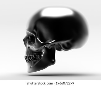 3d Render Of Black And White Monochrome Abstract Art With Flying Spooky Scary Anatomy 3d Scull In Side View In Dark Black Aluminium Metal Material On Light Grey Background In Side View