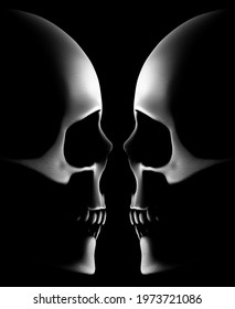 3d Render Of Black And White Monochrome Abstract Art With Two Symmetry Siluets Of Spooky Scary Anatomy 3d Sculls In Side View In Matte Rough Aluminium Metal Material On Dark Black Background