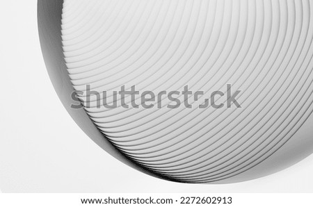 3d render black and white monochrome abstract art 3d background with part of of surreal 3d ball shell in swirl twisted round shape in light grey matte plastic material on white background