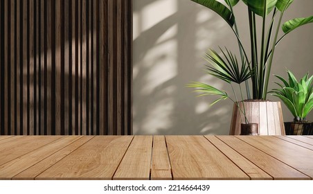 3D Render Blank Empty Fine Wooden Table For Products Display Backdrop With Tropical Palm Leafs Plants In Stylish Pots, Beautiful Sunlight On Teak Wood Wall Decoration Panel In Background. Counter Top.