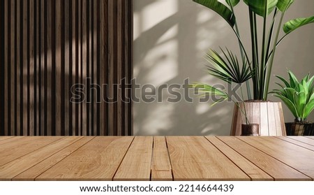 3D render blank empty fine wooden table for products display backdrop with tropical palm leafs plants in stylish pots, Beautiful sunlight on teak wood wall decoration panel in background. Counter top.