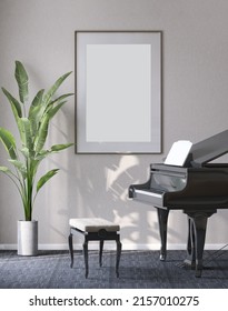 3D render blank empty picture frame on the wall with elegant shinny new grand piano, bench and beautiful tropical leaves plants, Carpet floor. Template, Morning sunlight, Mock up, Quote, Jazz, Music