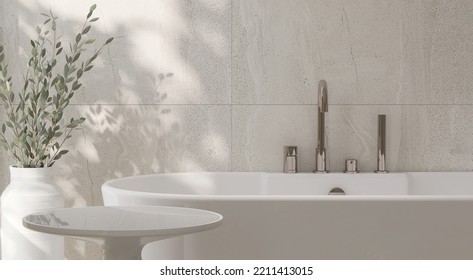 3D Render Blank Empty Round Table For Beauty Products Display With White Porcelain Ceramic Bathtub In Modern Luxury Bathroom, Granite Wall Tile, Decor Green Plants In A Vase. Morning Sunlight, Dappled