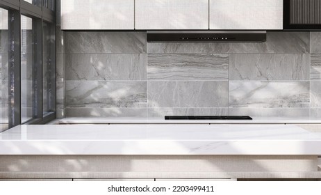 3D Render Blank Empty Space On White Marble Kitchen Island Counter Top In Modern Luxury Kitchen Room For Household, Home Appliance, Kitchenware Products Display Backdrop, Templates, Background, Grey.