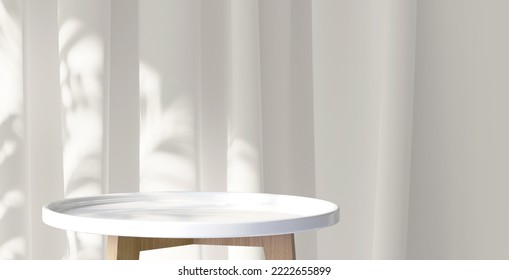 3D render blank empty white wooden edge tray table with beautiful sunlight and foliages leaves shadow on drapery white satin curtains in background. Copy space, Products display backdrop, Templates. - Powered by Shutterstock