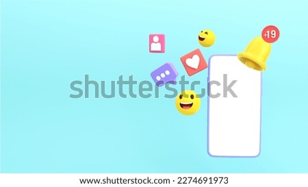 3D Render of Blank Smartphone Screen With 19 Plus Notification, Social Media Icons On Cyan Background And Copy Space.