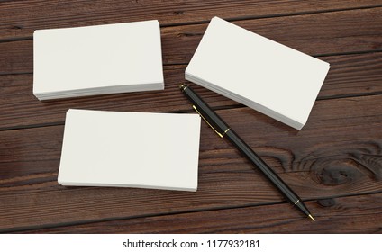 3D Render Of Blank White Business Card Presentation Of Corporate Id With Black Pen On Wooden Table