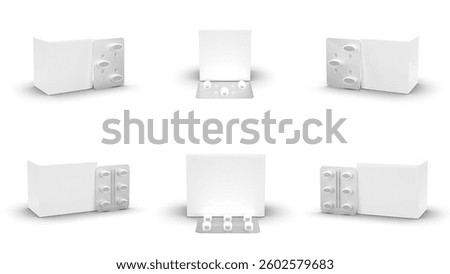 3D render of blister pack containing 3 and 6 tablets, with clear or printed foil backing displaying brand name, dosage, and manufacturing details. 4k, Pharmaceutical package mockup	