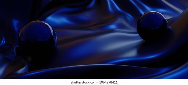 3d render of blue ball and silk. iridescent holographic foil. abstract art fashion background.
