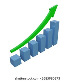 3D render of a blue bar chart with a rising green arrow symbolizing financial growth, profit, business success, positive trend, investment, economy expansion, and economic performance concept.